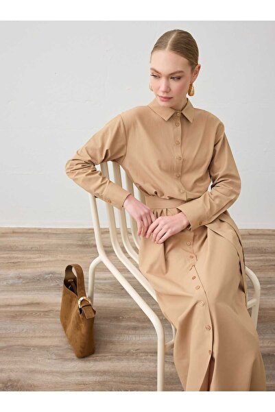Refka Φόρεμα Hijab με λεπτομέρεια με κουμπιά Poplin - Camel - Refka