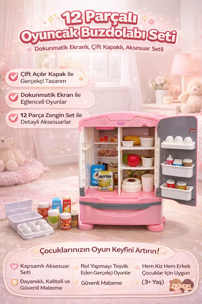 cayenna Oyuncak Çift Açılır Kapak Dokunmatik Ekranlı Buzdolabı 12 Parça Akses...