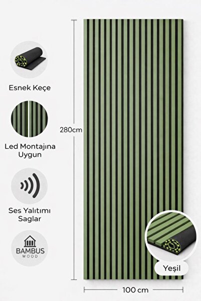 DETAYPOLİURETAN Mdf Ahşap Akustik Duvar Paneli 100x280 Cm Yeşil