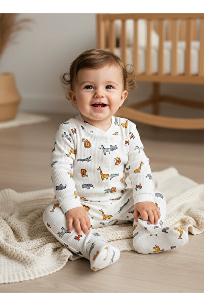 minço bebe Erkek Bebek Tulum %100 Pamuk Hayvan Baskılı Çıtçıtlı Patikli Esnek...