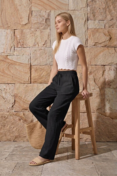 Shiron Sportswear&Company Μαύρη μουσελίνα παντελόνι palazzo 100% οργανικό βαμ...