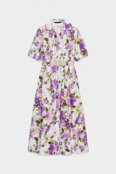 Lavanta Tekstil Φόρεμα πουκάμισο με κουμπιά, ελαστικά μανίκια και ψάθινη ζώνη...