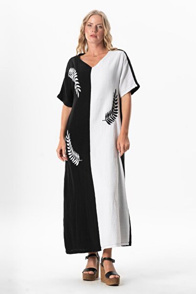 Eliş Şile Bezi Καλοκαιρινό φόρεμα με μισό μανίκι V λαιμόκοψη μακρύ μουσελίνα ...