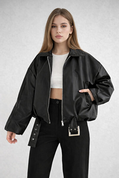 İLKCET MODA Γυναικείο μπουφάν oversized με ζώνη με μανίκια νυχτερίδας