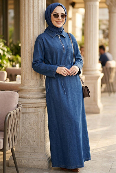 N.S NEVA STYLE Μπλε ναυτικό τζιν φόρεμα με φερμουάρ και μανίκια 19052L