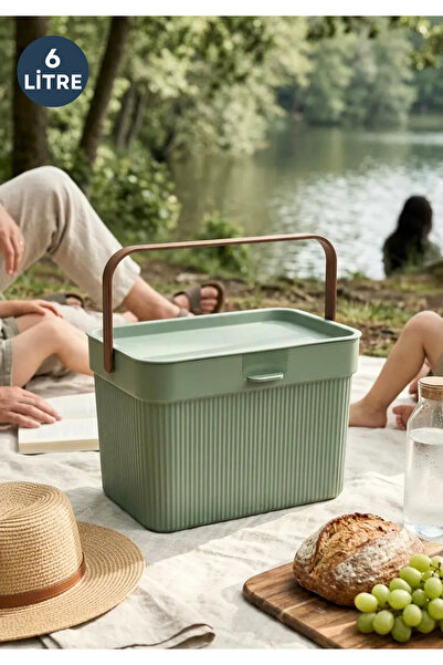 HOMİNG Soft Yeşil Çok Amaçlı Kulplu Kapaklı Sepet Saklama Kutusu Organizer 6lt