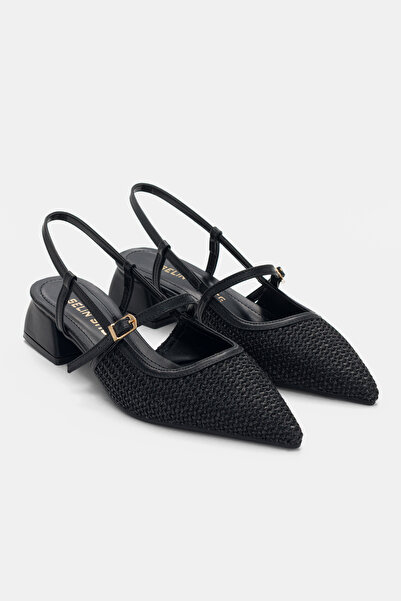 selin shoes Talisse Örgü ve Ayarlanabilir Toka Detay Sivri Burun Kalın Topuk Kadın Topuklu Ayakkabı- SİYAH