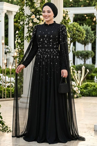 N.S NEVA STYLE Μαύρο Τζαμάτικο Βραδινό Φόρεμα με Χάντρες και Κάπα 53141S