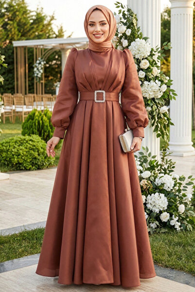 Neva Style Brown Hijab Evening Dress with Buckle Belt 45295Kh