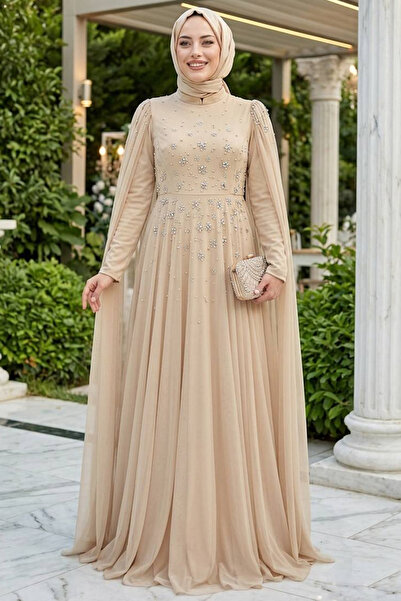 N.S NEVA STYLE - Βραδινό φόρεμα Hijab με λεπτομέρεια από χάντρες και κάπα βιζ...