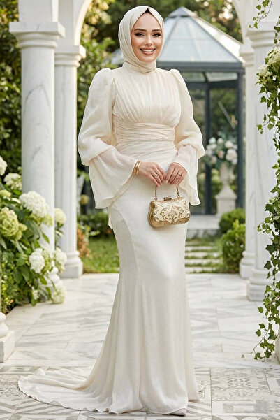 Neva Style Βραδινό φόρεμα με λεπτομέρεια από εκρού με ντραπέ 48531E