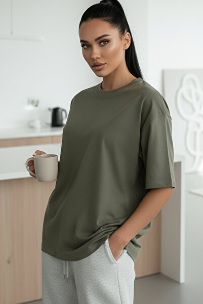 Millionaire Khaki Basic Plain Unbedrucktes Oversize Salas Boyfriend-Damen-T-S...