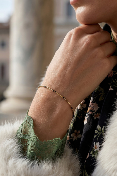OJ Own Jewelry Siyah Mineli Zincir Bileklik 925 Ayar Gümüş 14 Ayar Mikron Alt...