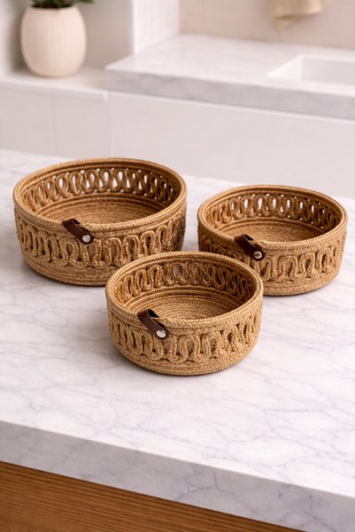 MaVaux Velora Set 3’lü Halat Sepet Banyo Organizer Dekoratif Düzenleyici El Yapımı Sepet Seti
