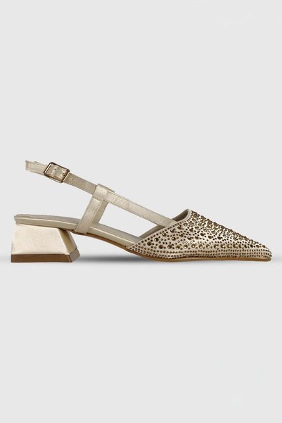 Modezya Jennifer Champagne Stone Detailed Back-Tie Pointed Toe Heeled Shoes