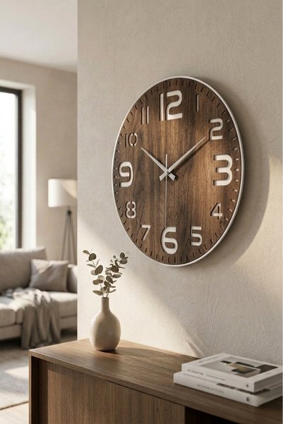 Wooden Factory Büyük Rakamlı Modern Dekoratif Ahşap Duvar Saati - Sessiz Mekanizma - (40 CM)