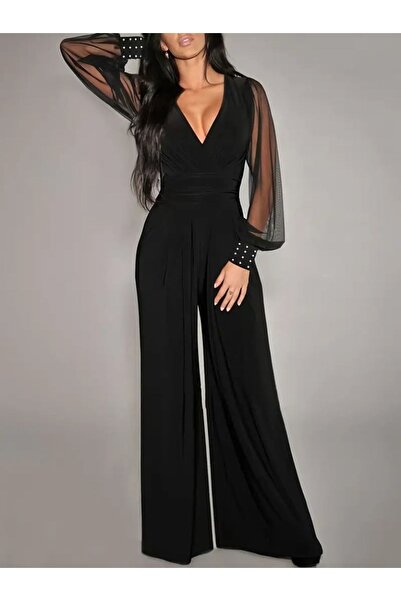 stelol Women's Long Sleeve Double-Breasted Collar Sleeves Tulle Viscose Jumpsuit