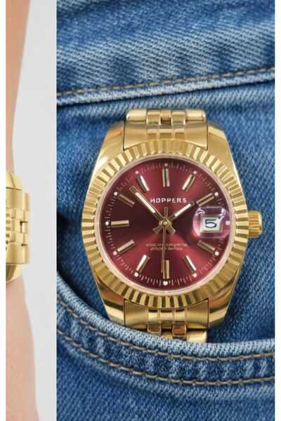 Zerclok's Modern Stylish Design Burgundy Dial Women's Steel Wristwatch Gold-M...