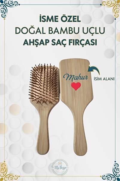 Ma'Vessa İsme Özel Doğal Bambu Uçlu Ahşap Saç Fırçası - Saç Açıcı Doğal Bambu...