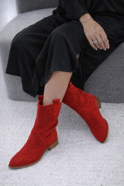 POTEEN Devine Suede Καλοκαιρινές Μπότες με Χαμηλό Τακούνι και Διάτρητο Σχέδιο...