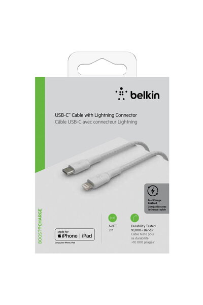 Belkin Cablu Date Lightning/USB-C Cable 2m braided, mfi cert., white