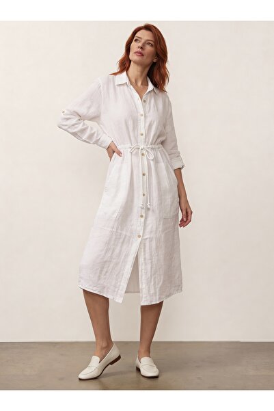 DenizEge Λινό πουκάμισο Φόρεμα Λευκό
