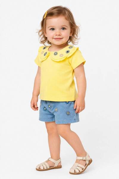 Baby Girl Single Jersey Daisy Embroidered 2pcs Summer Shorts Set Bottom Top 100% Cotton Peter Pan Neck 6-24m