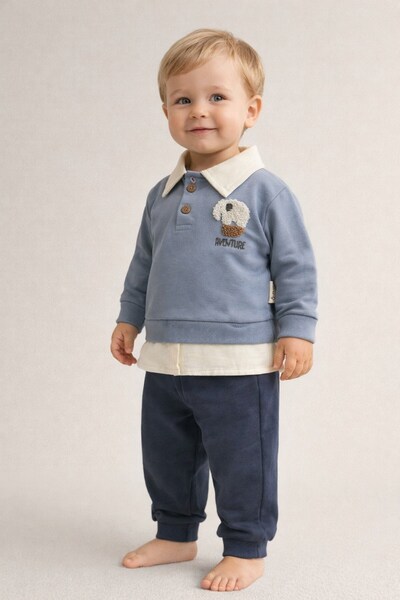 dinamik çocuk Baby Boy Elephant Embroidered Polo Collar Top and Bottom Set 2-...