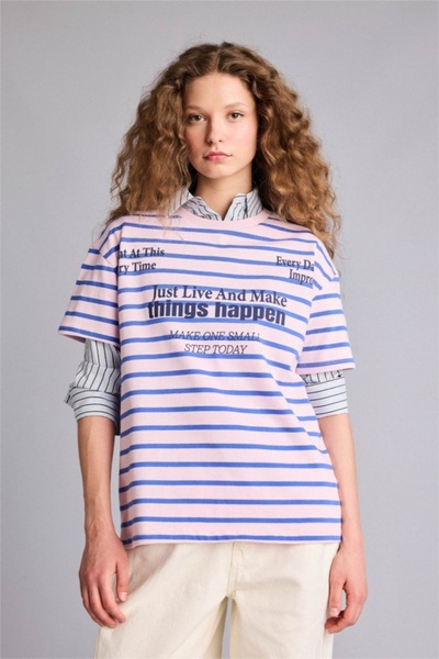 DeFacto Υπερμεγέθη μπλουζάκι με στάμπα και κοντό μανίκι G9009AX26SM