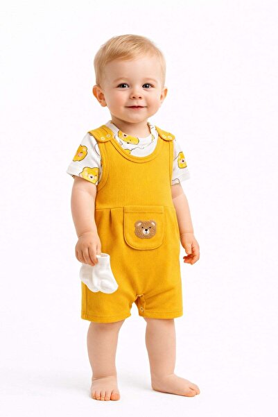 dinamik çocuk Baby Boy Süzene Teddy Bear Short Sleeve Snap-On Bodysuit & Ribb...