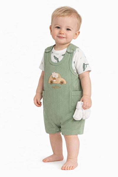 dinamik çocuk Erkek Bebek Araba Nakışlı Salopet Tulum Takım 3'lü Set (Alttan ...