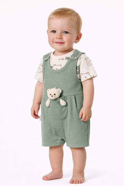 Baby Boy Teddy Bear 2pcs Set Short Sleeve Snap Fastener Band + Rib Dungaree Jumpsuit 3-6-9 Months