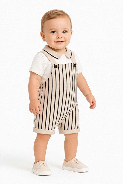 dinamik çocuk Erkek Bebek Polo Yaka T-Shirt & Çizgili Keten Salopet Yazlık 2'...