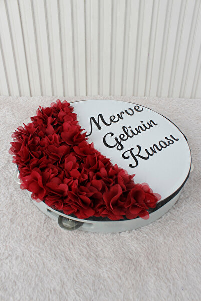 Mortex Bordo Hilal Desenli Gelin Tefi 28 cm 3D Çiçek Süslemeli Kına Düğün Ned...