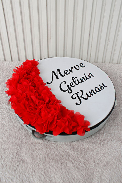 Mortex Kırmızı Hilal Desenli Gelin Tefi 28 cm 3D Çiçek Süslemeli Kına Düğün N...