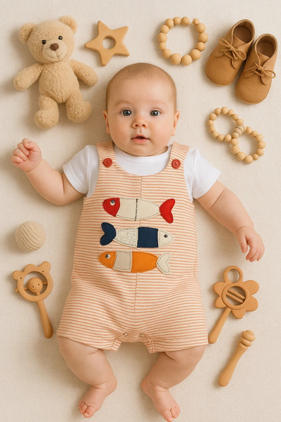 CNDR 3-18 Months Baby Boy Overalls Fish Short Sleeve Orange