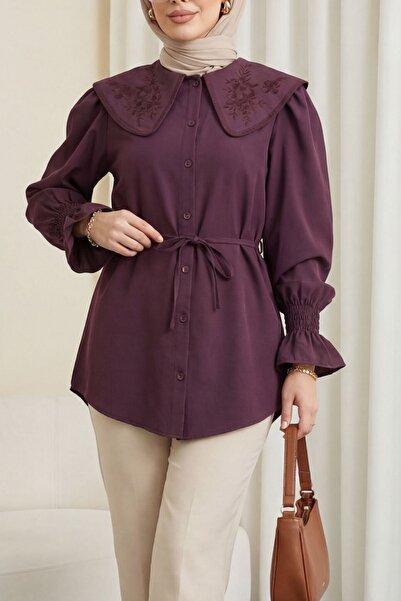 Modamorfo Cămașă din poplin cu guler brodat și legătură în talie - prună