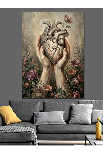 Artmeg Heart Shape between Two Hands Decorative Canvas - Mdf Wood Table