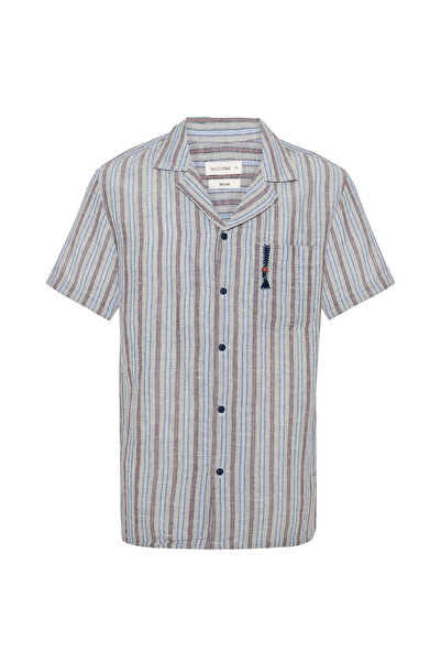 Mudo Men's Blue Regular Fit Linen Blend Striped Short Sleeve Shirt
