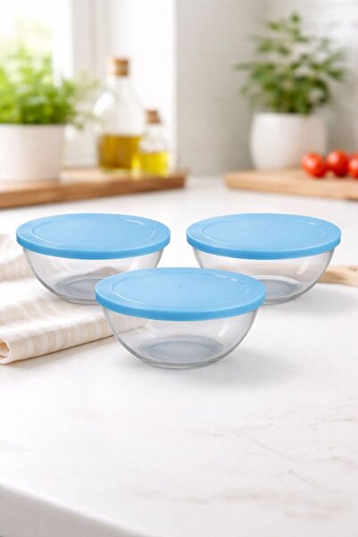 BAKKAŞ Glass Storage Container with Blue Plastic Lid, 3 Pieces