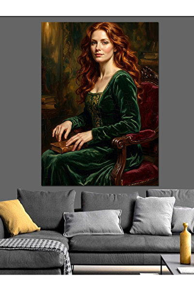 Artmeg Femeie cu păr roșu în rochie verde Pânză decorativă - Tablou din lemn MDF