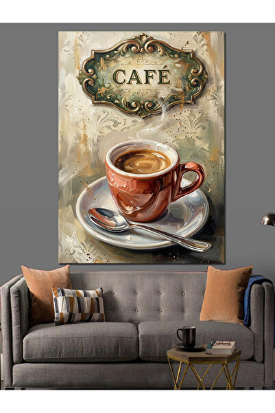 Artmeg Cafe Written Vintage Coffee Cup Decorative Canvas - Mdf Wood Table