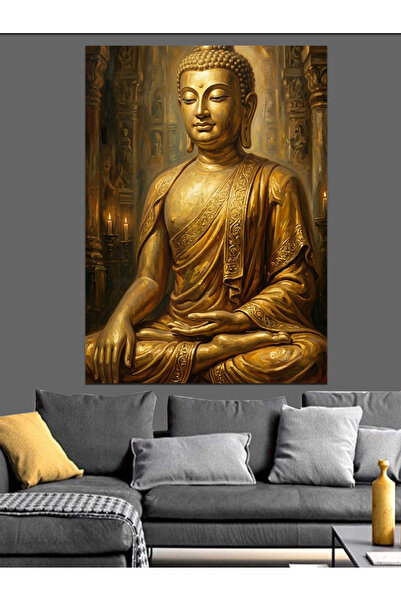 Artmeg Statuie Buddha Pașnică de culoare aurie, decorativă, pe pânză - Tablou...