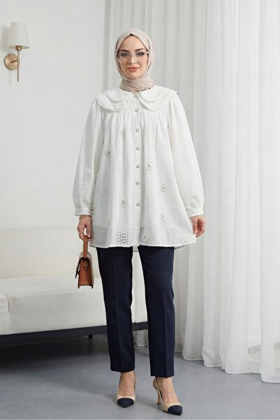 Modamorfo Βρεφικό λινό πουκάμισο με δαντέλα στο γιακά, με λεπτομέρειες από πέ...