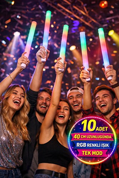 TOYFEST LED Köpük Işık Çubuğu 10 Adet – 40 cm RGB Işıklı Eğlence Çubuğu Seti