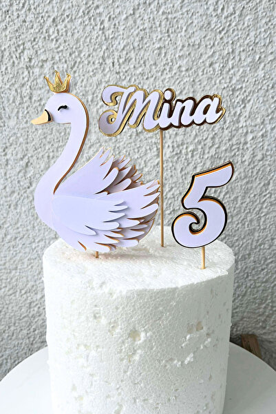 caketopper Kuğu Temalı Kız Çocuk Doğum Günü İsme Özel 3D Çubuklu Pasta Süsü S...