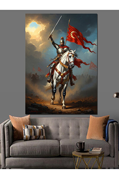 Tablo Mega At Üstünde Türk Bayraklı Şövalye Dekoratif Kanvas - Mdf Ahşap Tablo