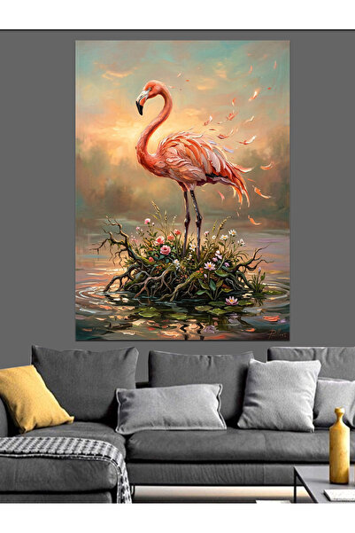 Tablo Mega Su Kenarında Duran Pembe Flamingo Dekoratif Kanvas - Mdf Ahşap Tablo