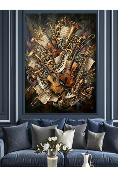 TabloPro Karmaşık Müzik Enstrümanları Sanat Tablosu Yağlı Boya Dokulu Kanvas ...