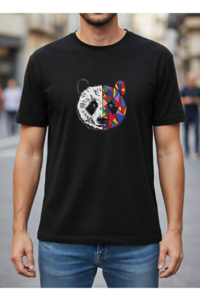 LAND MODA Ανδρικό μπλουζάκι Panda με μισό γεωμετρικό σχέδιο και στάμπα, 100% ...